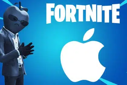 Fortnite character with Apple logo, symbolizing dispute between Epic Games and Apple.