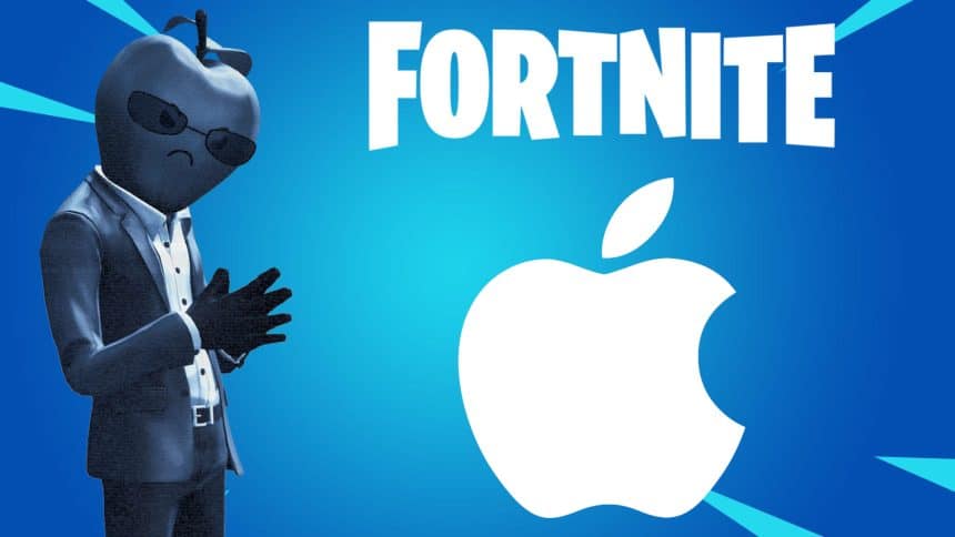Fortnite character with Apple logo, symbolizing dispute between Epic Games and Apple.
