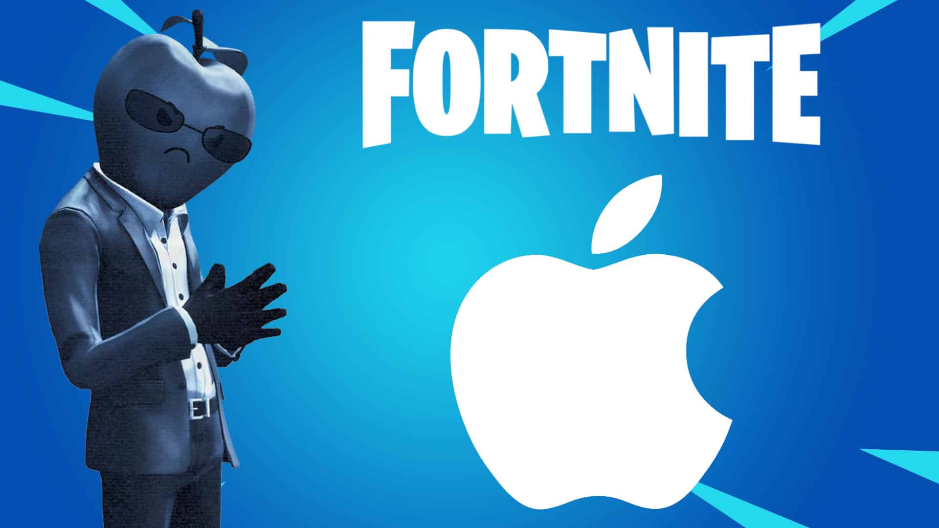 Fortnite character with Apple logo, symbolizing dispute between Epic Games and Apple.