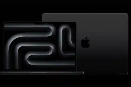 Front and back view of Apple's M3 Ultra MacBook Pro in black.