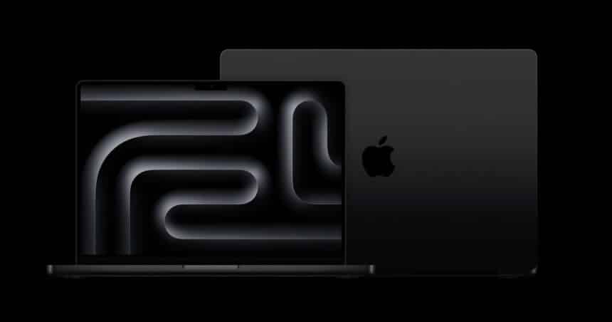 Front and back view of Apple's M3 Ultra MacBook Pro in black.