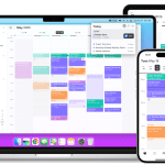 Mayday calendar app shown on MacBook, iPhone, and iPad with scheduled tasks.
