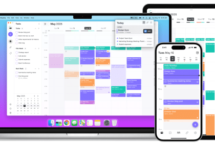 Mayday calendar app shown on MacBook, iPhone, and iPad with scheduled tasks.