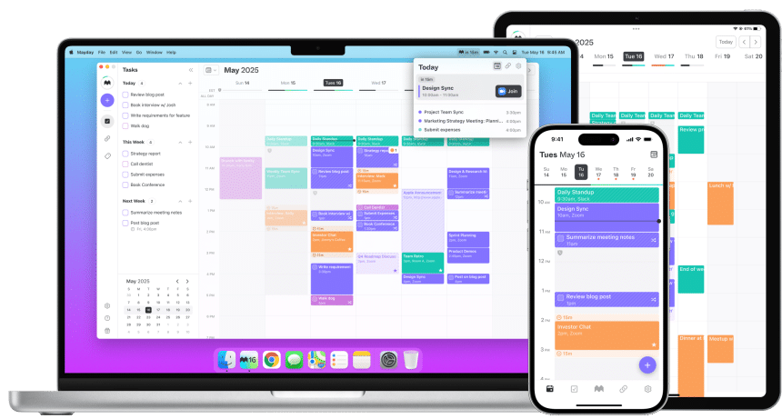 Mayday calendar app shown on MacBook, iPhone, and iPad with scheduled tasks.