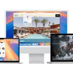 Three Apple Macs running macOS Sequoia with different apps on screen.