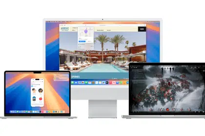 Three Apple Macs running macOS Sequoia with different apps on screen.