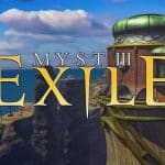 Myst III: Exile game logo with a fantasy coastal tower in the background.