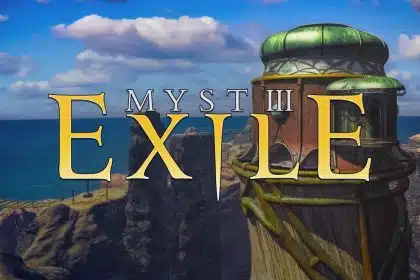 Myst III: Exile game logo with a fantasy coastal tower in the background.