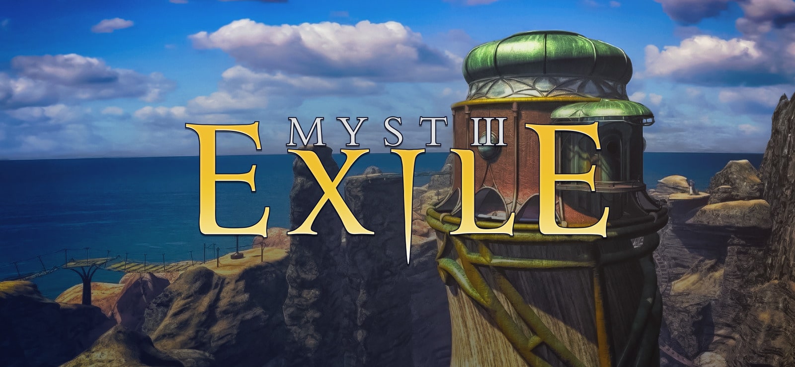 Myst III: Exile game logo with a fantasy coastal tower in the background.