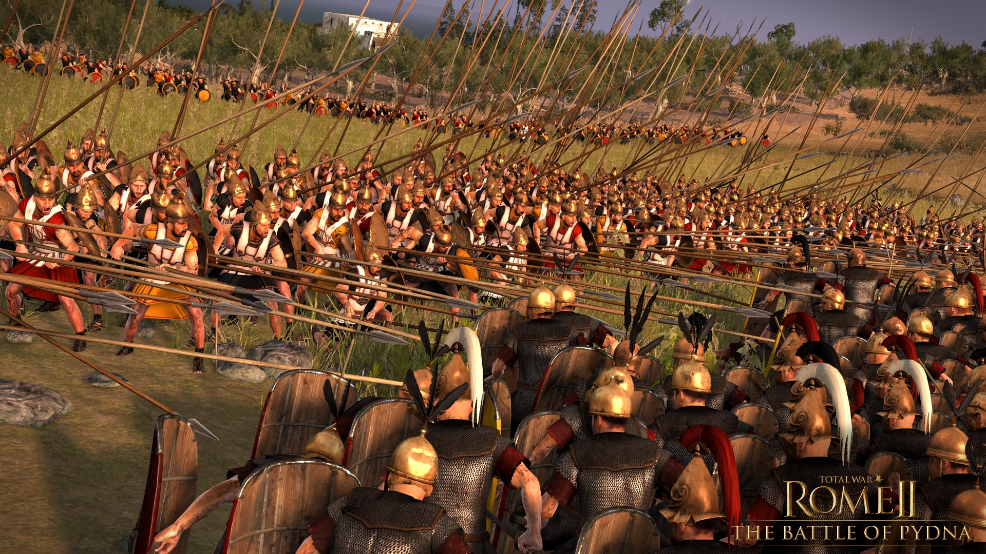 Roman and Greek soldiers clash with spears in a battle scene from Total War: Rome II.