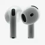 A pair of Apple AirPods displayed on a light background.