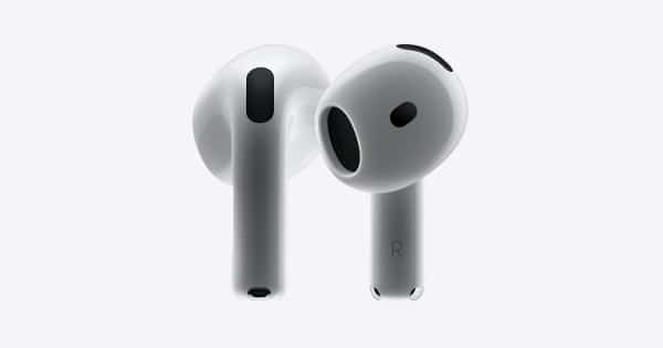 A pair of Apple AirPods displayed on a light background.