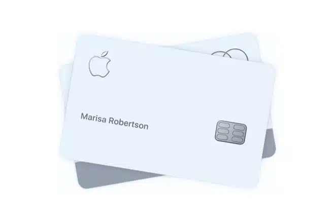 Illustration of two Apple Cards with a name and chip visible.