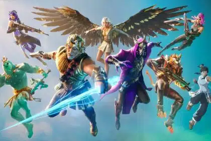 Fortnite characters in action poses with colourful weapons and outfits.