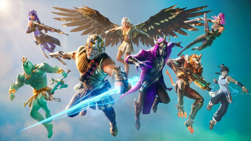 Fortnite characters in action poses with colourful weapons and outfits.