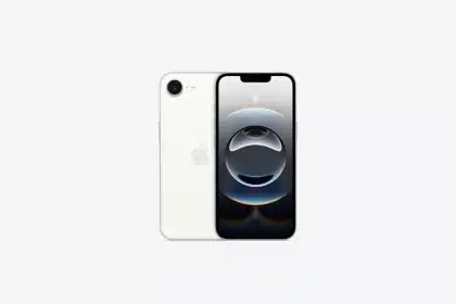 iPhone 16e in white colour showing front and back views.