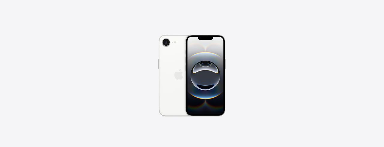 iPhone 16e in white colour showing front and back views.