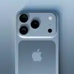 Close-up of the iPhone 17 Pro in blue showing its rear camera module.