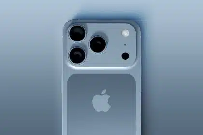 Close-up of the iPhone 17 Pro in blue showing its rear camera module.