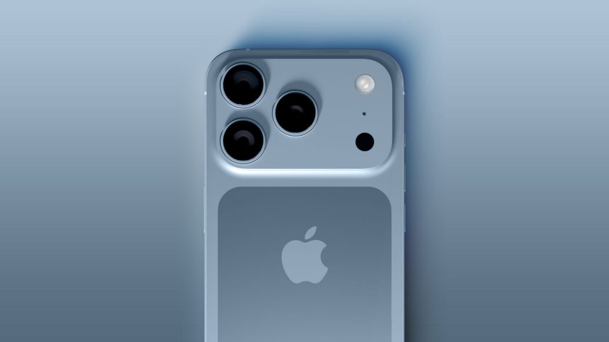 Close-up of the iPhone 17 Pro in blue showing its rear camera module.