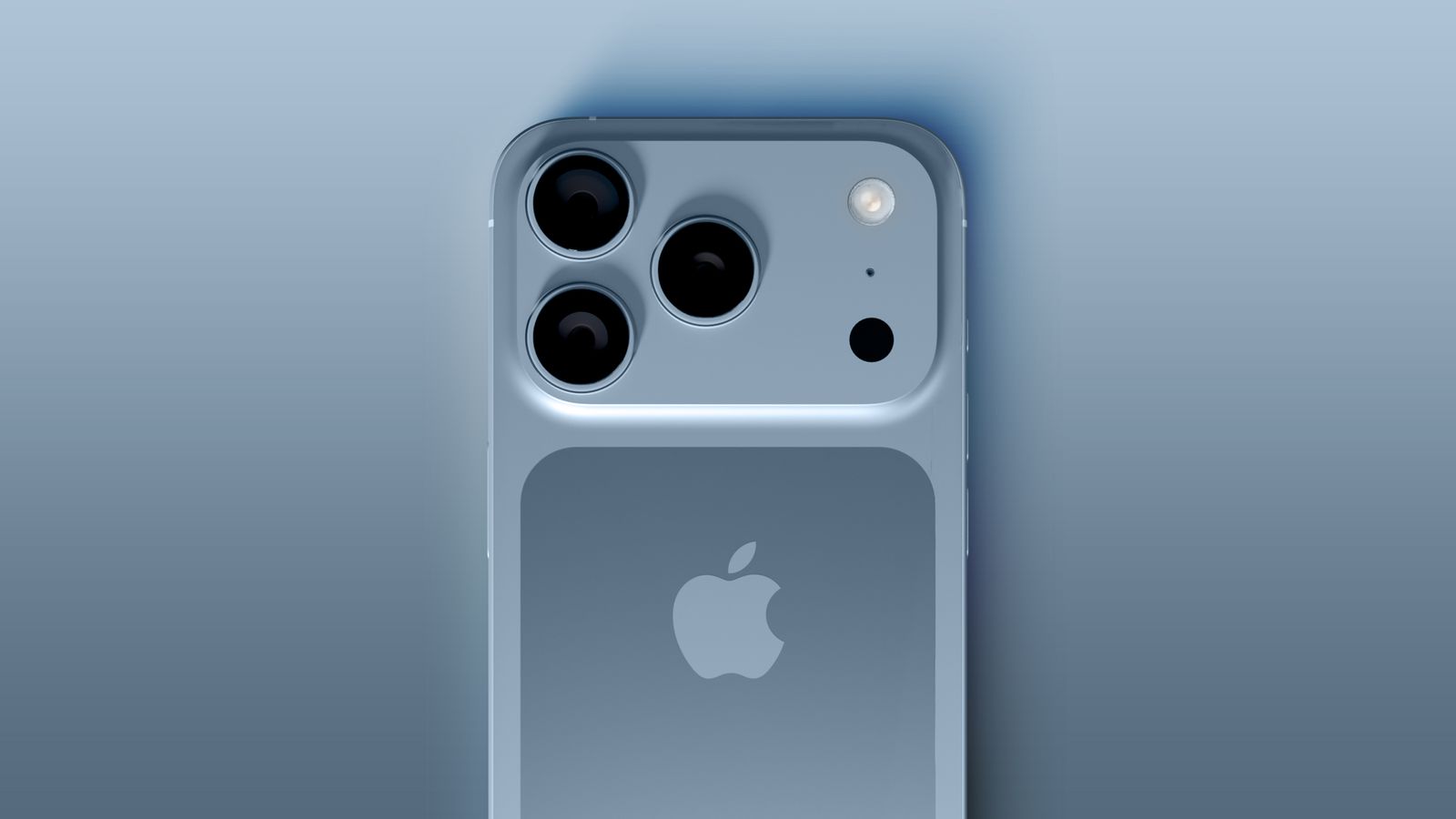 Close-up of the iPhone 17 Pro in blue showing its rear camera module.