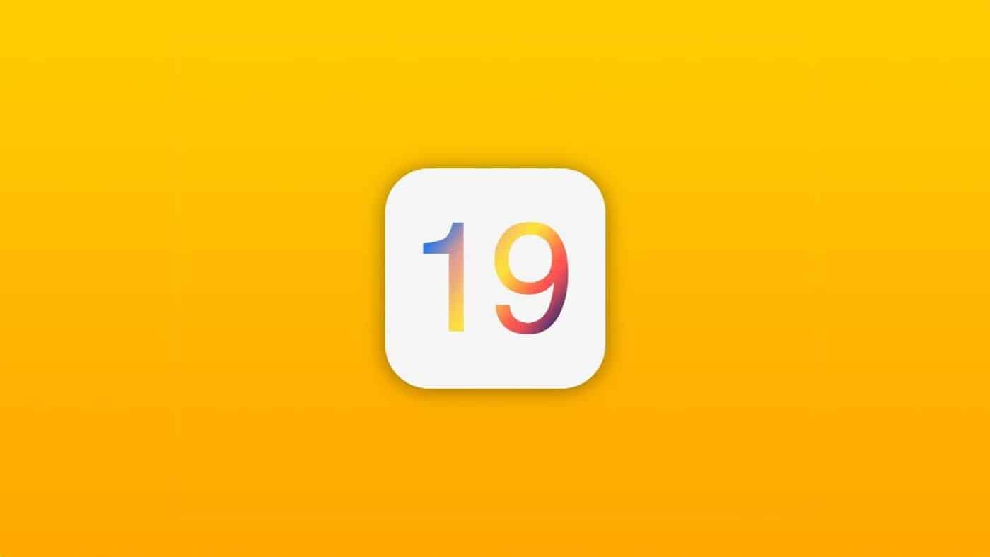 iOS 19 logo on a yellow background