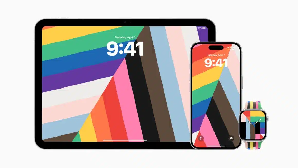 Apple devices display new Pride Harmony wallpaper on iPad, iPhone, and Apple Watch.