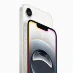 Close-up view of Apple iPhone 16e in white.