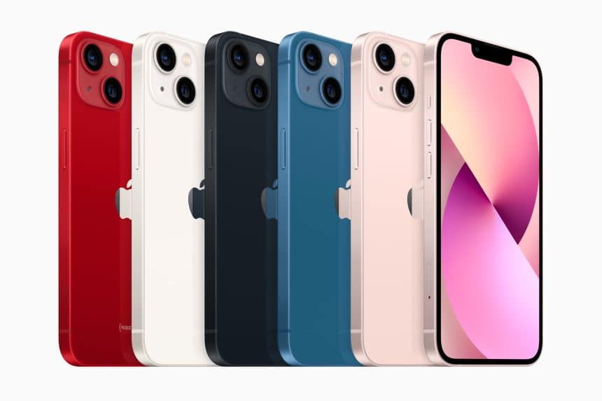 A lineup of iPhone 13 models in various colours, showcasing the back and front design.