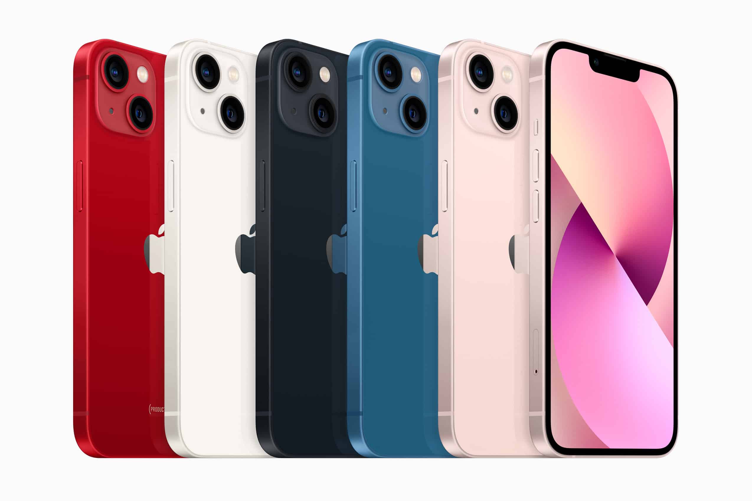 A lineup of iPhone 13 models in various colours, showcasing the back and front design.