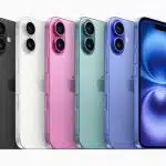 Lineup of iPhone 16 models in black, white, pink, green, blue, and front view display.