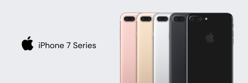 Apple iPhone 7 series in various colours displayed in a row.