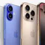 Four iPhone models in white, blue, gold, and front display view.