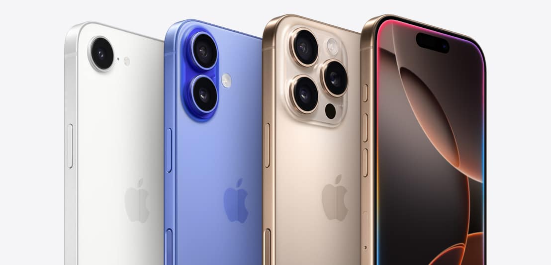 Four iPhone models in white, blue, gold, and front display view.