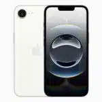 Front and back of a white iPhone showing an abstract circular wallpaper on its screen.