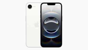 Front and back of a white iPhone showing an abstract circular wallpaper on its screen.
