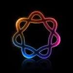 Glowing multicolored neon loop forming an abstract eight-pointed shape on a black background.