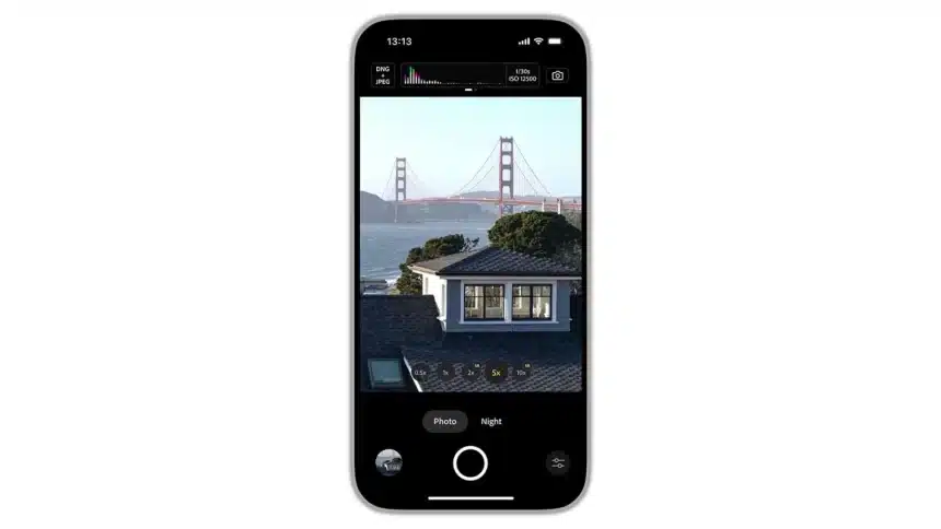 iPhone displaying Adobe Project Indigo’s camera interface with manual controls, histogram, and multi-frame zoom options.
