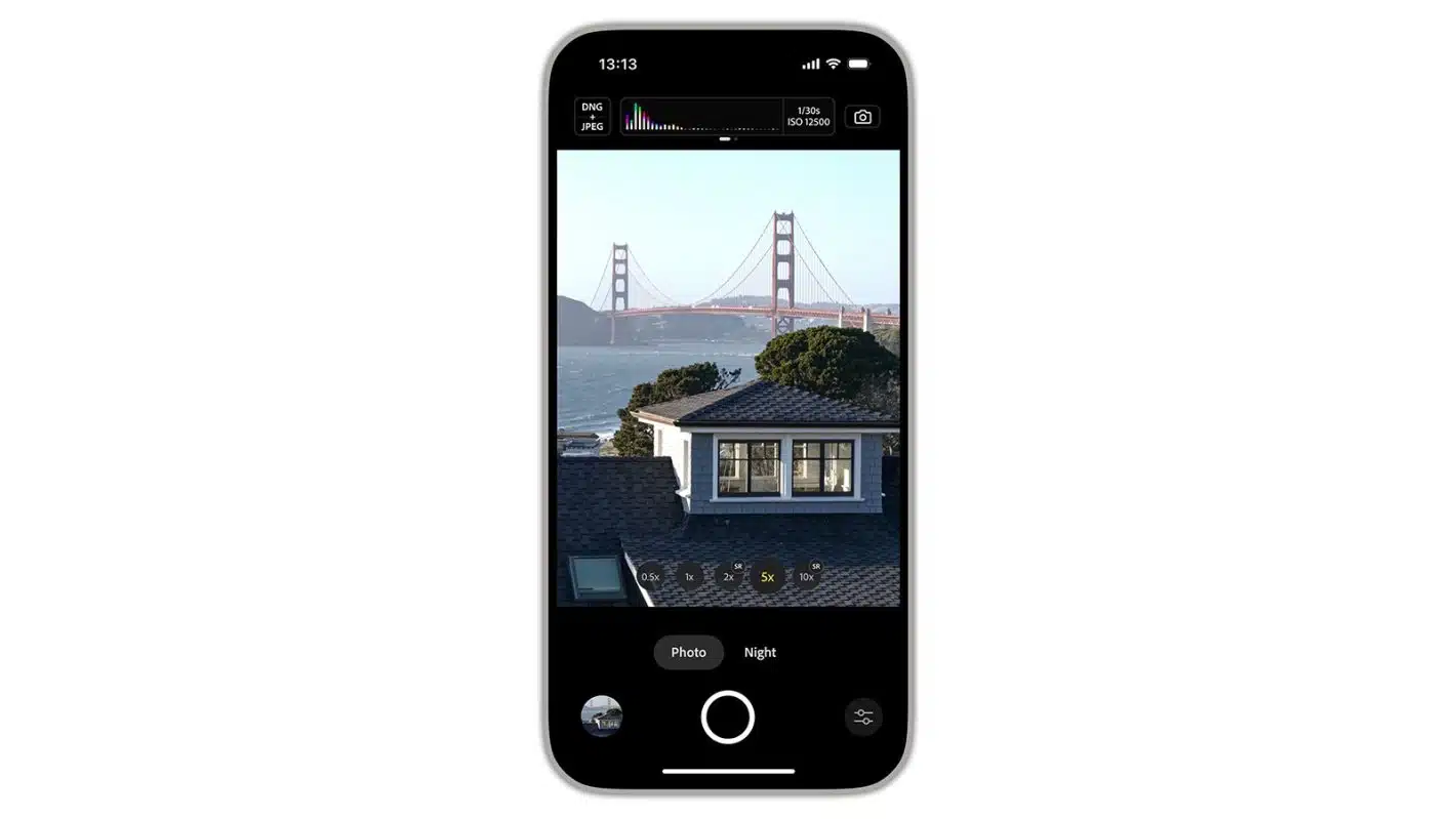 iPhone displaying Adobe Project Indigo’s camera interface with manual controls, histogram, and multi-frame zoom options.