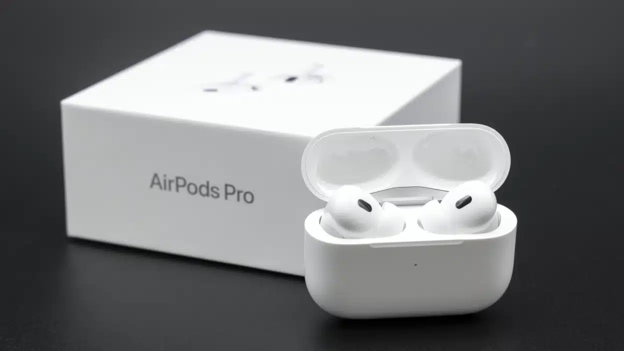 Open AirPods Pro case with earbuds visible and the product box behind it.
