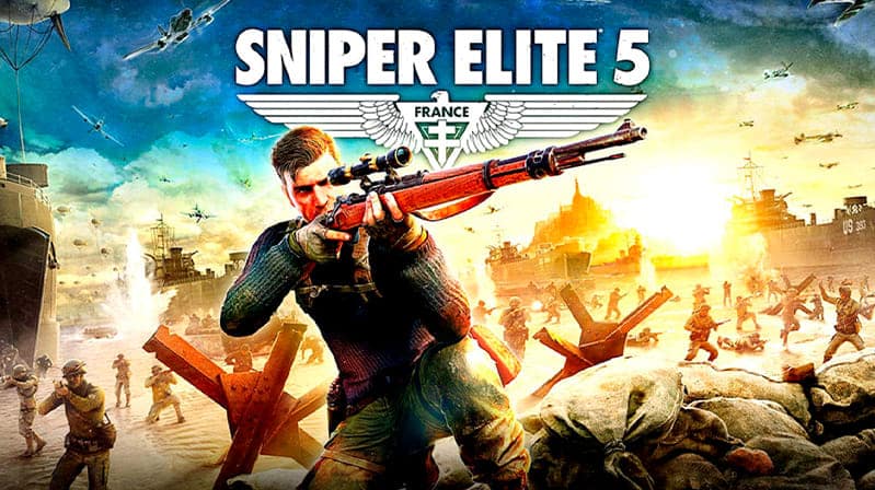 Sniper Elite 5 artwork featuring a WWII sniper amid a beach assault.