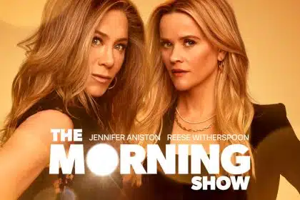 Jennifer Aniston and Reese Witherspoon pose in a poster for “The Morning Show.”