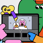 Cartoon characters gathered around an iPad editing a short film in iMovie.