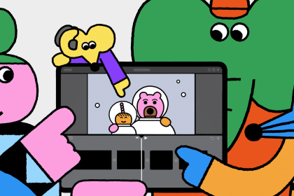 Cartoon characters gathered around an iPad editing a short film in iMovie.