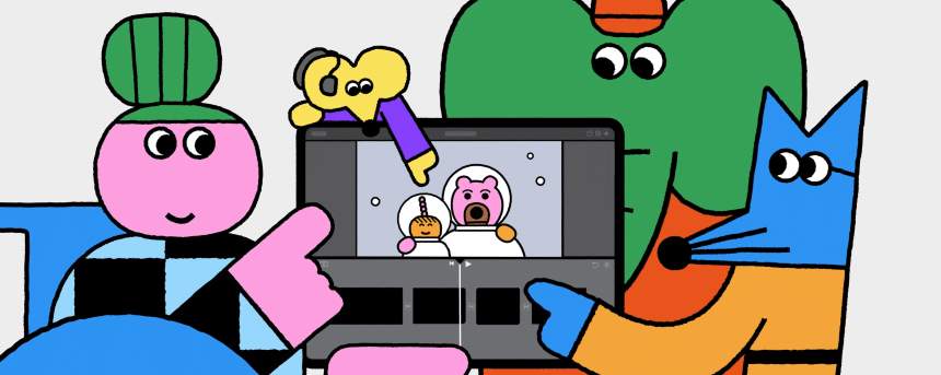 Cartoon characters gathered around an iPad editing a short film in iMovie.