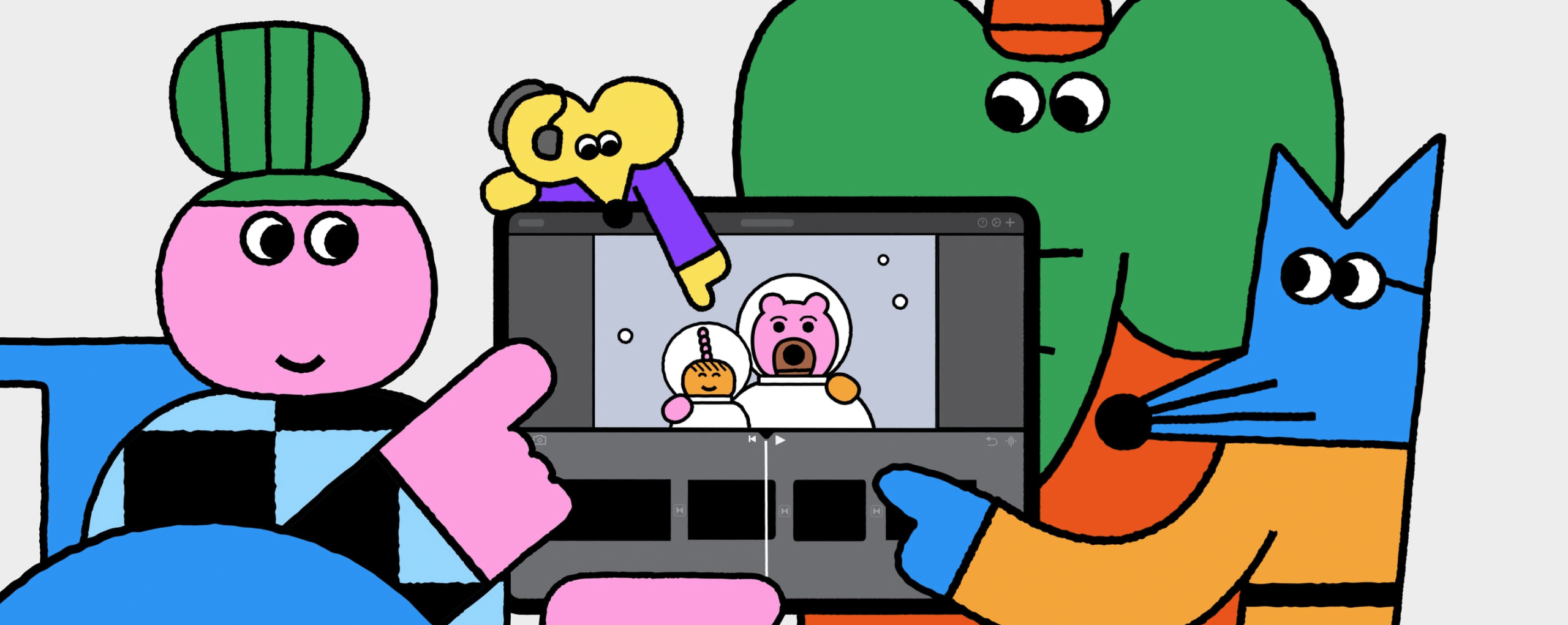 Cartoon characters gathered around an iPad editing a short film in iMovie.