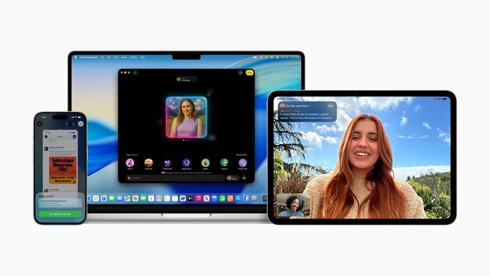 An iPhone, MacBook, and iPad side by side showing different app interfaces on their screens.