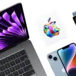 Assorted Apple products including a MacBook, iPhone, Apple Watch, iPad, AirPods, and gift card.