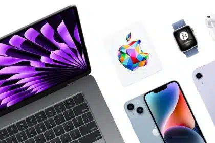 Assorted Apple products including a MacBook, iPhone, Apple Watch, iPad, AirPods, and gift card.