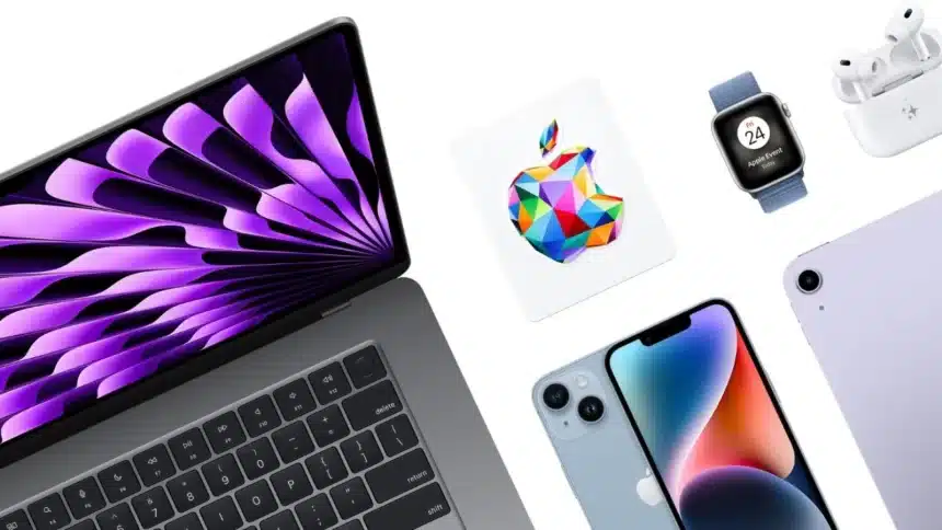 Assorted Apple products including a MacBook, iPhone, Apple Watch, iPad, AirPods, and gift card.